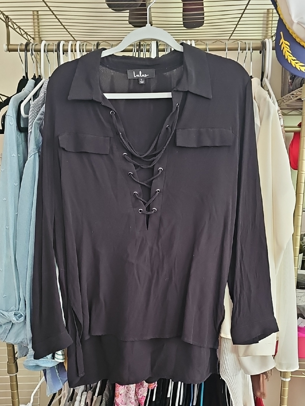 Lulu's Black Lace-Up Collared Long-Sleeve Blouse